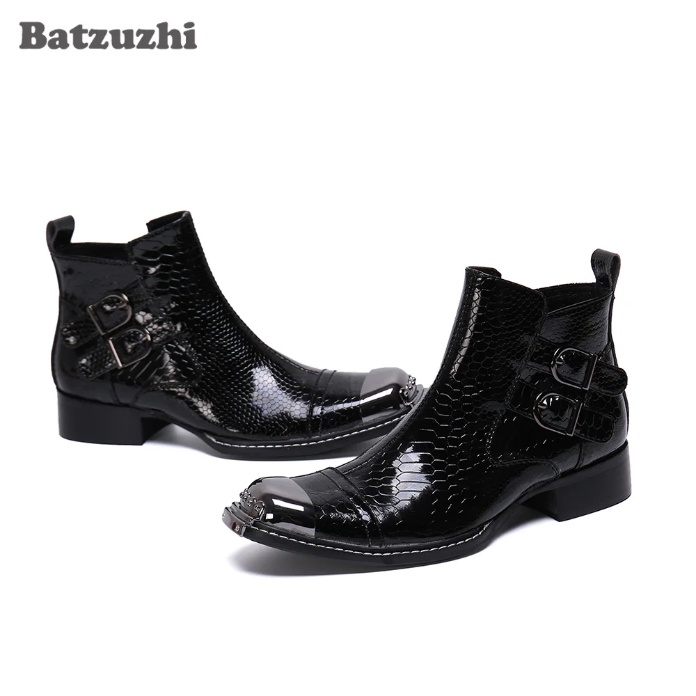 Batzuzhi/ Луксозни черни Кожени ботильоны; Модерни мъжки ботуши с квадратни пръсти и метално бомбе; Кожени обувки в бизнес стил; Ephesus Masculina, Размер 46