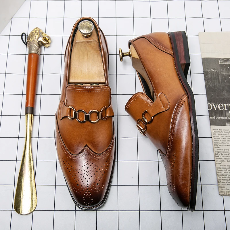 Лоферы; Мъжки обувки; Однотонная обувки От Изкуствена Кожа с Квадратни пръсти и Издълбани Метална Катарама; Модерен Бизнес Ежедневни Сватбени Ежедневни Модела обувки CP334