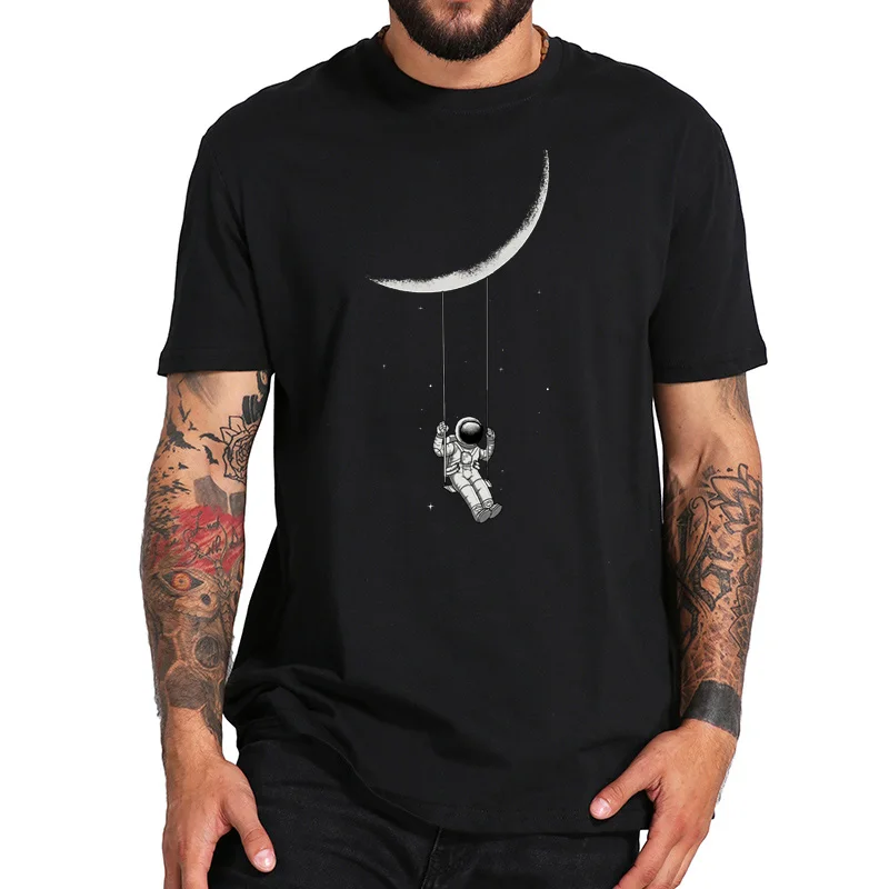 Тениска с космонавт, Космически Люлка Под Луната, Тениска с Цифрово Принтом, Размер с Къс Ръкав, 100% Памук, Забавна Авиационна Тениска