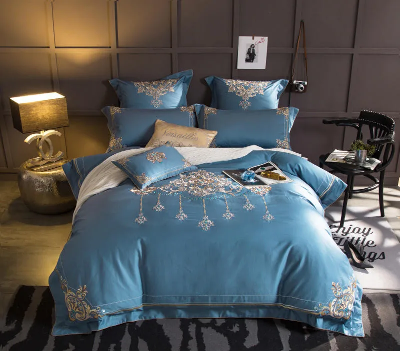 Луксозен Сатен, Комплект спално бельо от египетски памук, Тъмно син цвят с бродирани, Пухени + Плоска Чаршаф + 2 Калъфки за възглавници King Queen Size