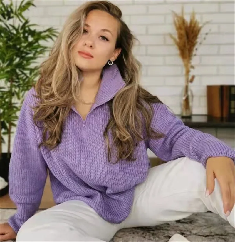 Жена случайни лилаво вязаный пуловер с цип отпред с дълъг ръкав и отложным яка, уличен топъл пуловер 2021, зимна жилетка, топ
