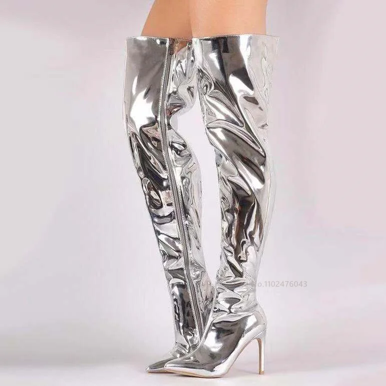 Палав женски ботфорты над коляното от лачена кожа с остри пръсти и огледало, МОДНО ревю, Дълги Сребристи обувки на Тънък Ток-висок ток