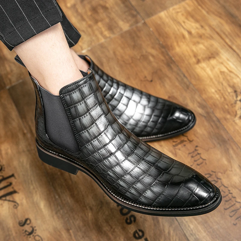 Луксозни Маркови мъжки Класически Кожени Обувки Челси В Британския Стил, С Остри чорапи, високо качество на Обикновена Черни Сиви Обувки, Увеличаване на Височината на Глезените