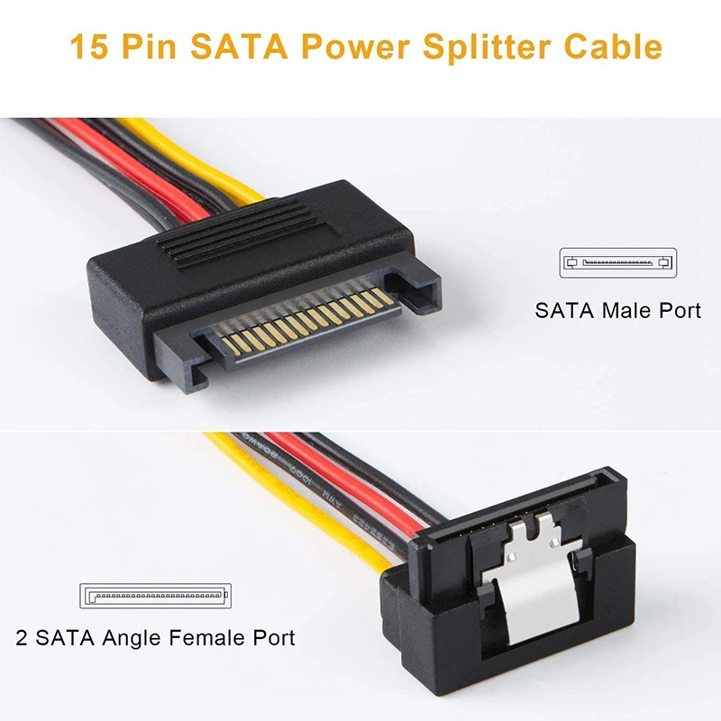 Захранващ кабел SATA, 2 Пакет 8-инчов конектори SATA с 15 на контакти за 2XSATA с 15-пинов конектор под ъгъл надолу за кабел Сплитер на храна Изображение 2 