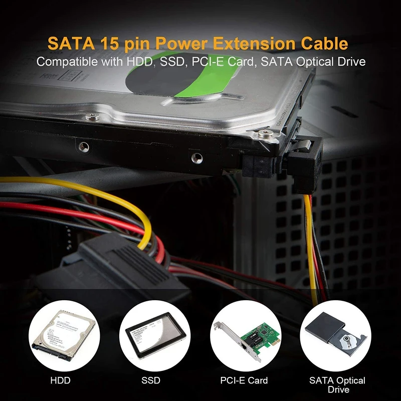 Захранващ кабел SATA, 2 Пакет 8-инчов конектори SATA с 15 на контакти за 2XSATA с 15-пинов конектор под ъгъл надолу за кабел Сплитер на храна Изображение 5 