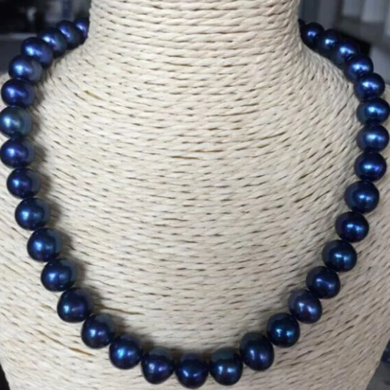 елегантна 9-10 мм кръгло таитянское черно синьо кръгло перлена огърлица 18 инча сребро 925