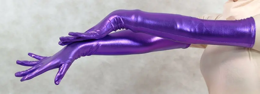 Нова мода лилаво блестящи метални секси ръкавици фетиш унисекс зентай костюм класически костюми за Хелоуин