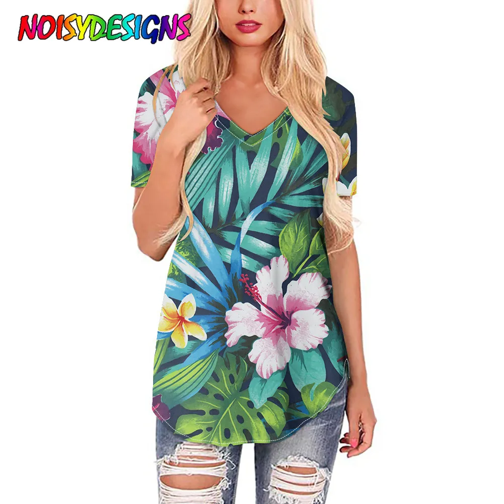 NOISYDESIGNS/2021, Модни Свободна лятна дамски дрехи, Уличен Пуловер с къси ръкави, Тениска с принтом Тропически цветя и Хибискус