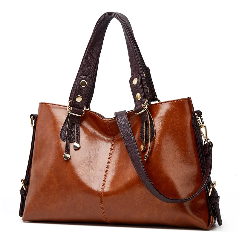 Луксозна голяма голям чанта на едно рамо от маслената восък на кожата, ежедневни чанти-тоут, Ретро чанта-тоут от изкуствена кожа Изображение 1 