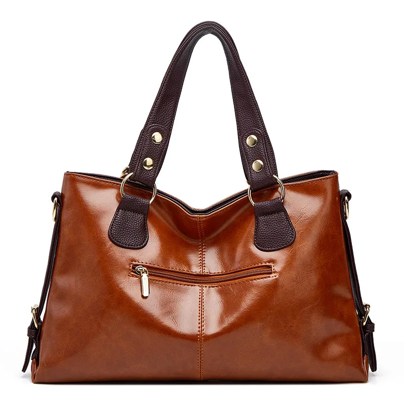 Луксозна голяма голям чанта на едно рамо от маслената восък на кожата, ежедневни чанти-тоут, Ретро чанта-тоут от изкуствена кожа Изображение 5 