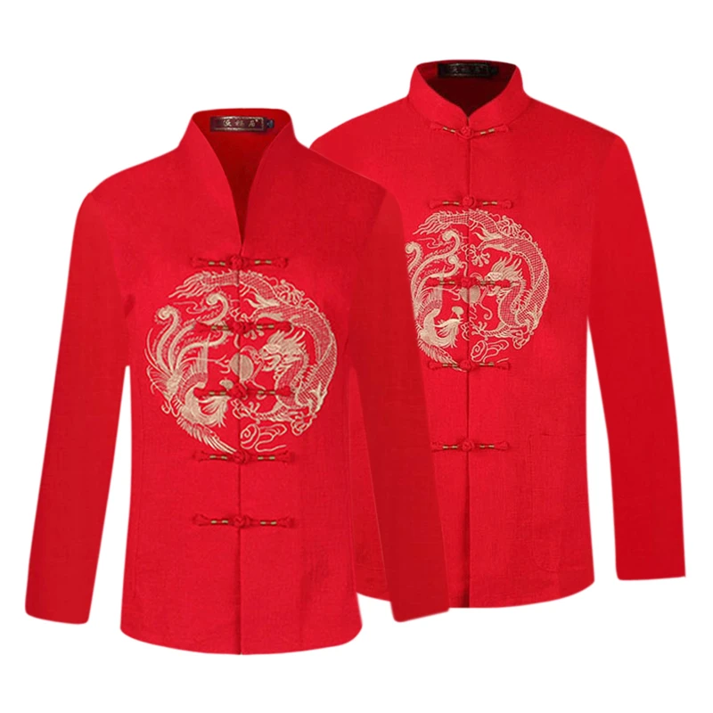 Баба и дядо златна сватба, рожден ден, двойката Тан костюм с дълги ръкави китайски топ риза червен дракон и Феникс облекло