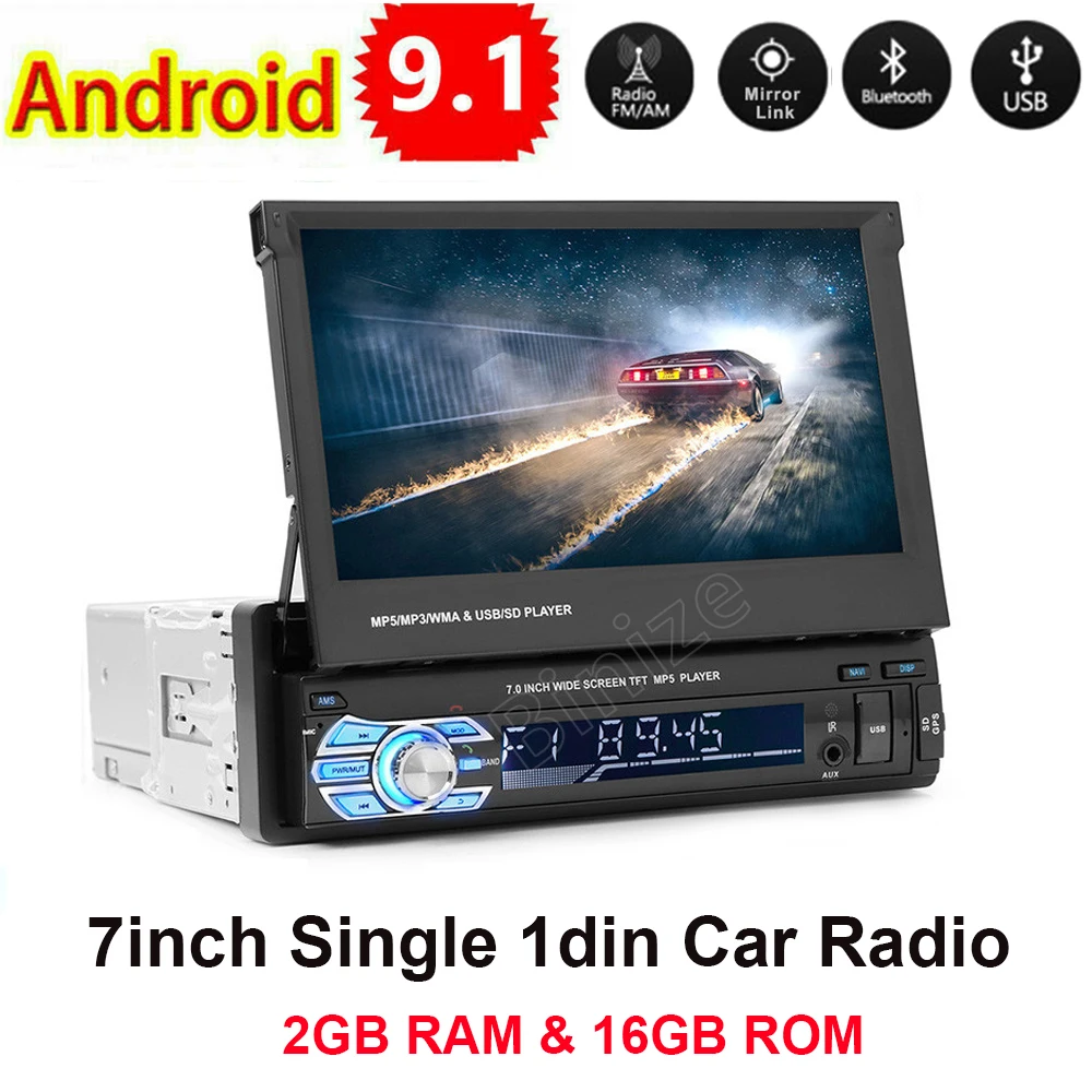 Android 9,1 1din Автомобилен Мултимедиен плейър GPS Навигация Универсален 7-инчов сензорен Екран и Плъзгаща се Кола Стерео Авторадио-Рефлексен Линк AUX WIF
