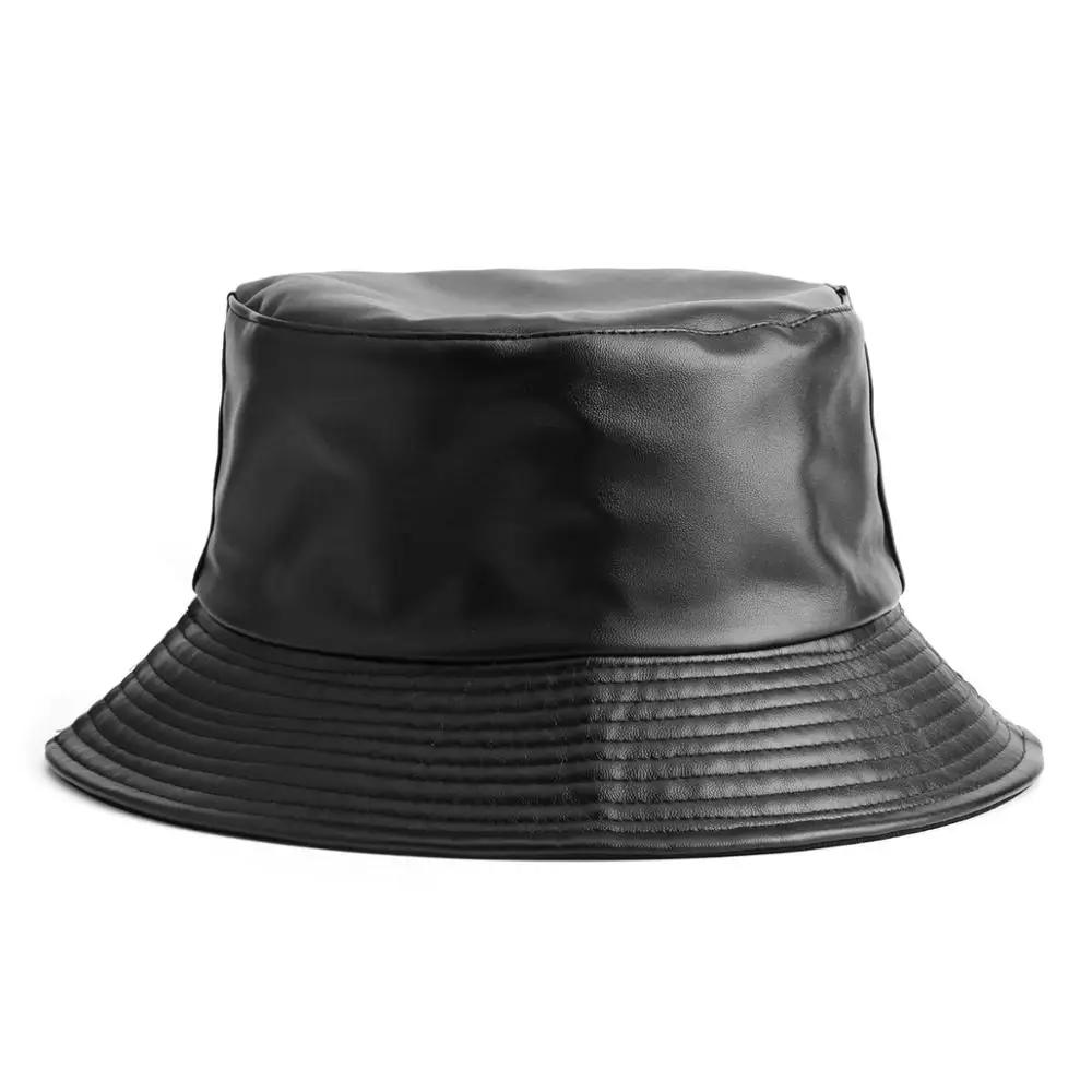 Жените и мъжете твърди обратима matte изкуствена кофа шапка за момичета момчета памук Кепър шапка рибар кофа шапка черна кожа