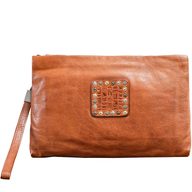 AETOO, модерен дизайнерски дамски чанти-клатч от естествена кожа, ретро луксозен женски портфейл от естествена телешка кожа голям капацитет, с нитове
