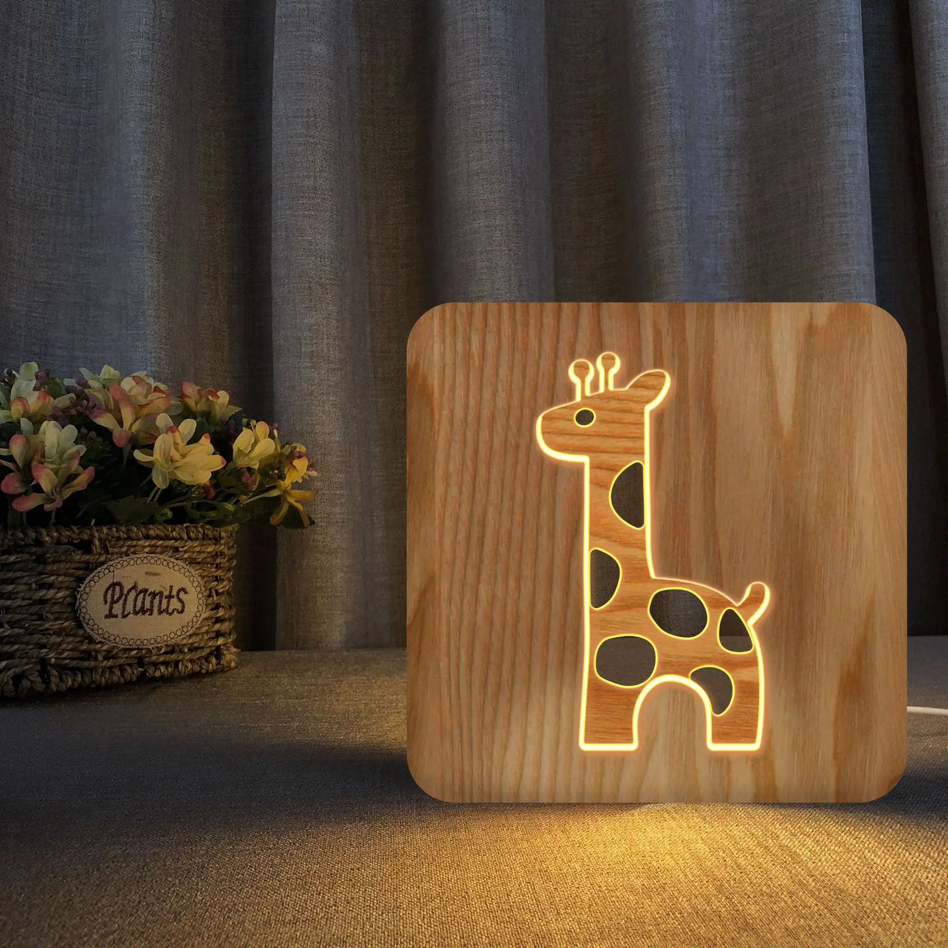 Жираф 3D Led Дървена Фабрика Нощни осветителни Тела, Детска Спалня Хол Украса Дървена Куха Резба Настолна Лампа Топла Бяла светлина