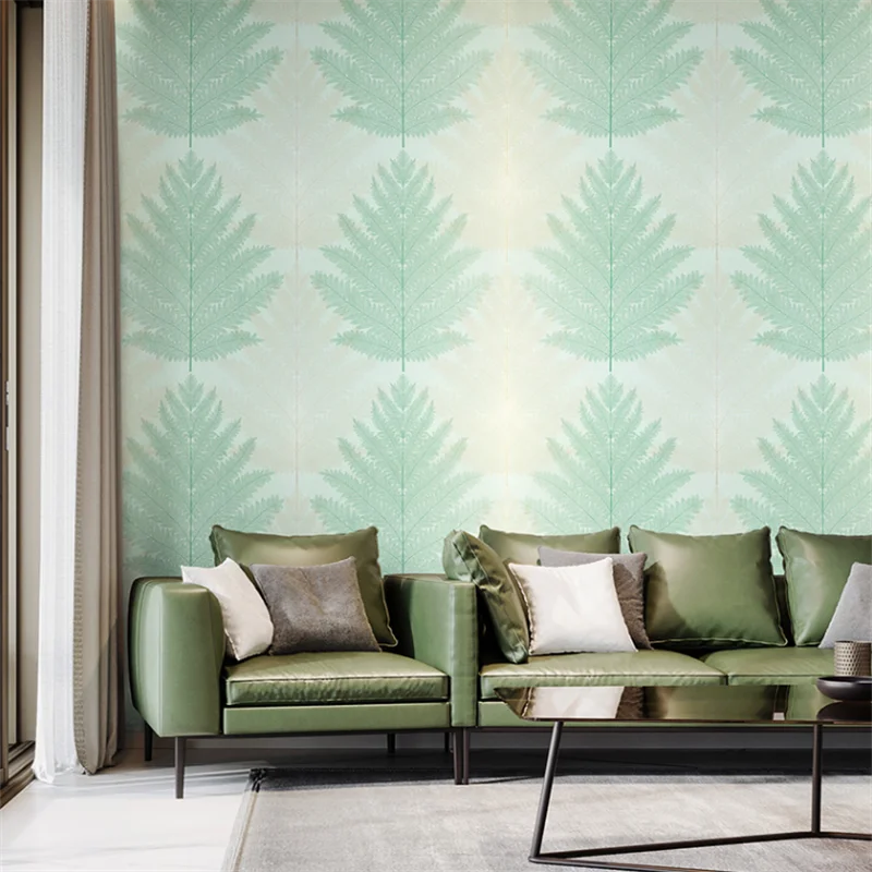 Модерни прости нетъкан текстил Скандинавските пресни зелени растения зелени листа тапети хол и спалня на фона на тапети