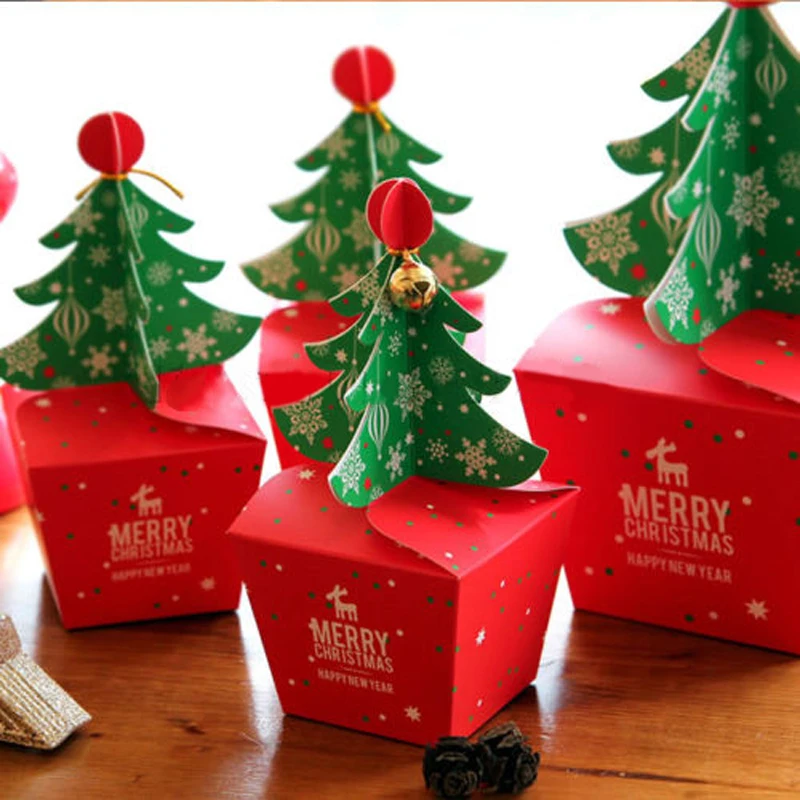 Червена Забавна Коледна Елха Камбанка Вечерни Хартиени Подаръчни Опаковки За Подаръци, Кутии За Пренасяне На Сладкиши