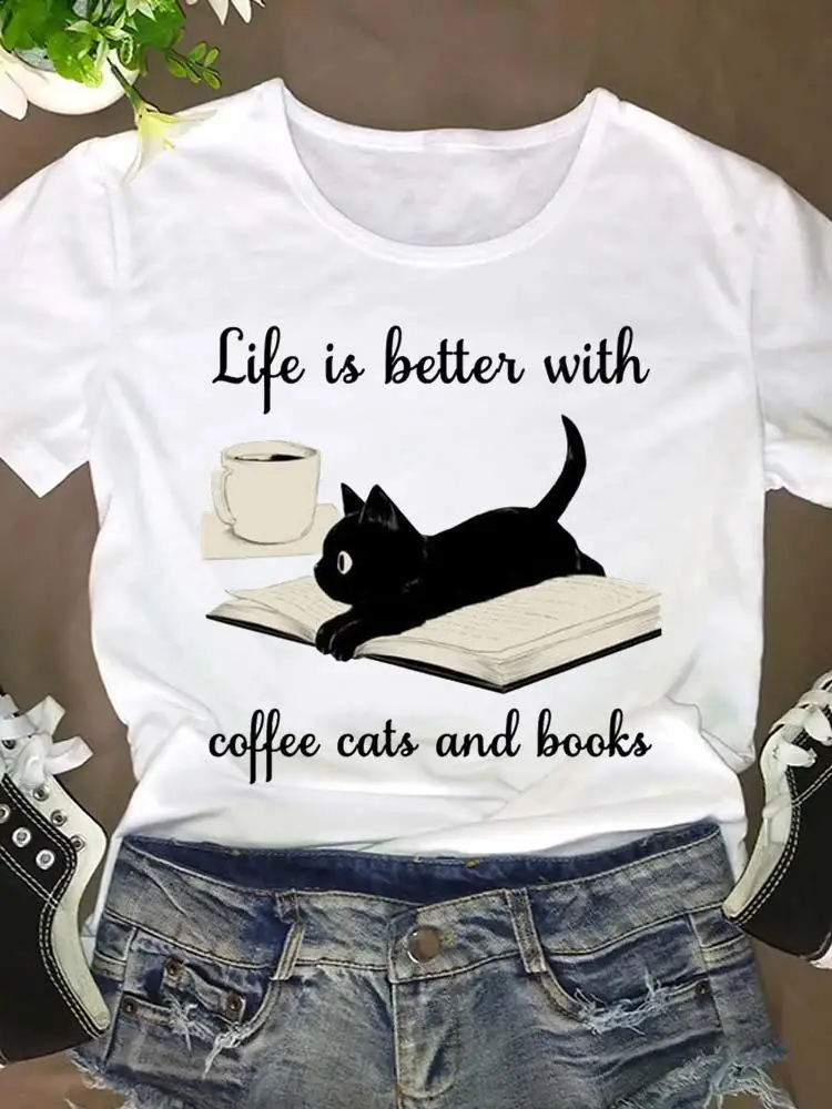 Женска Тениска С Къс Ръкав Cat Sweet Coffee 90s, Тенденция Модни Дрехи, Графична Тениска, Лятна тениска с Анимационни Герои, Дамски Топ