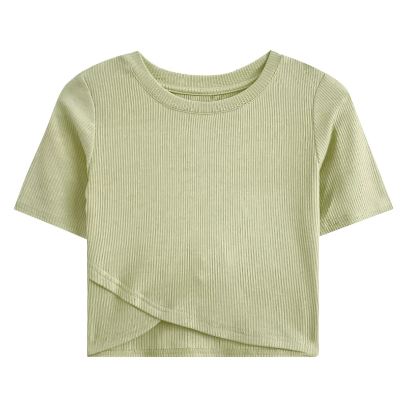 Удобна стрейчевая памучен проста однотонная тениска с нередовни подолом, приталенная къса тениска