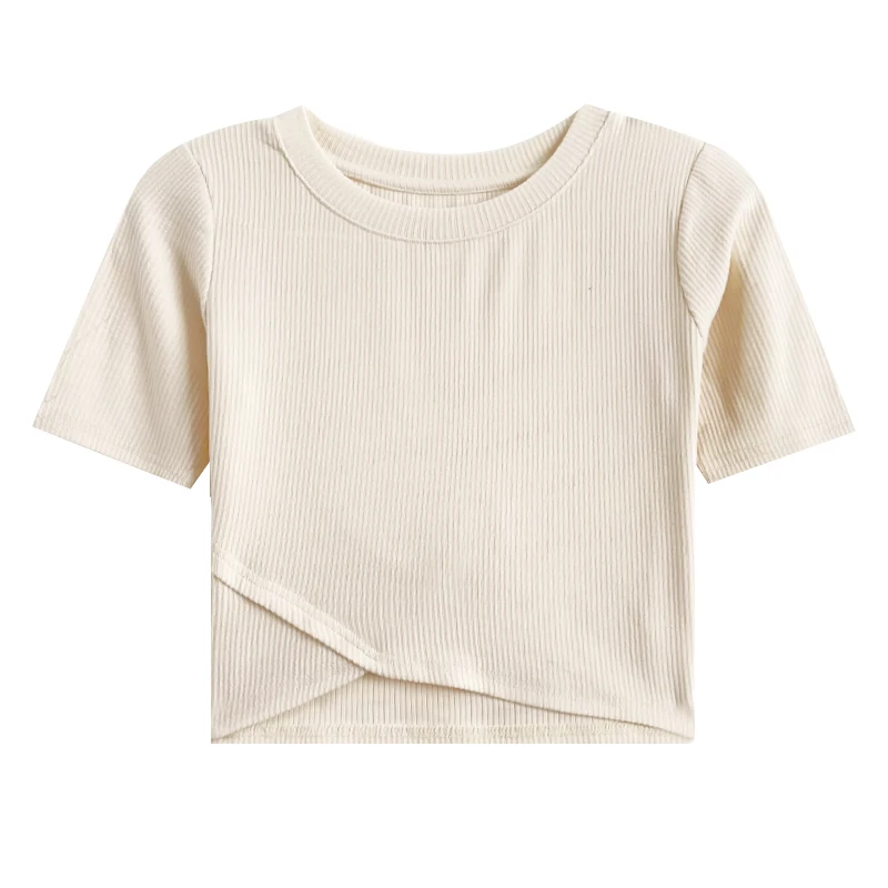 Удобна стрейчевая памучен проста однотонная тениска с нередовни подолом, приталенная къса тениска Изображение 5 