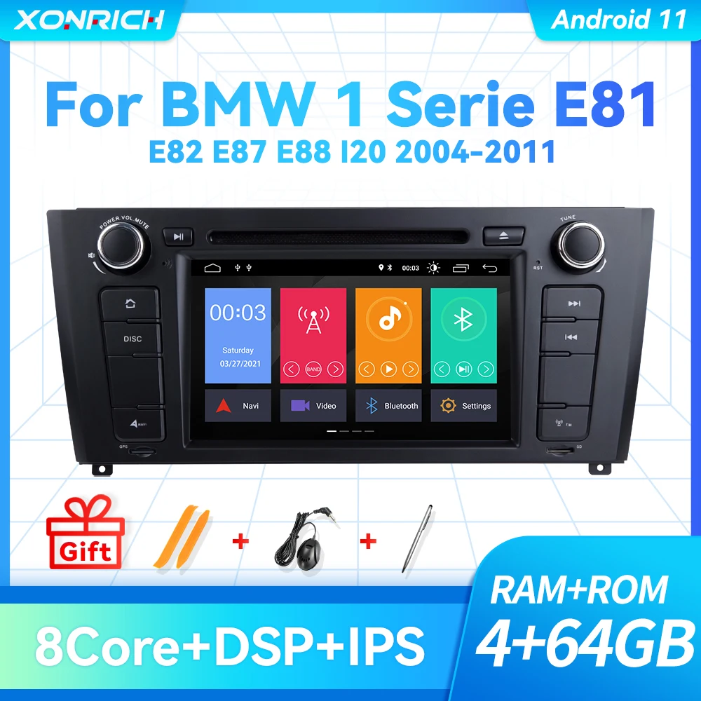 4G RAM 64G ROM 1 Din Android 11 Кола DVD Мултимедиен Авторадио За BMW E87 1 Серия E88 E81 E82 I20 D 2004-2011 GPS Навигация DSP Изображение 0 