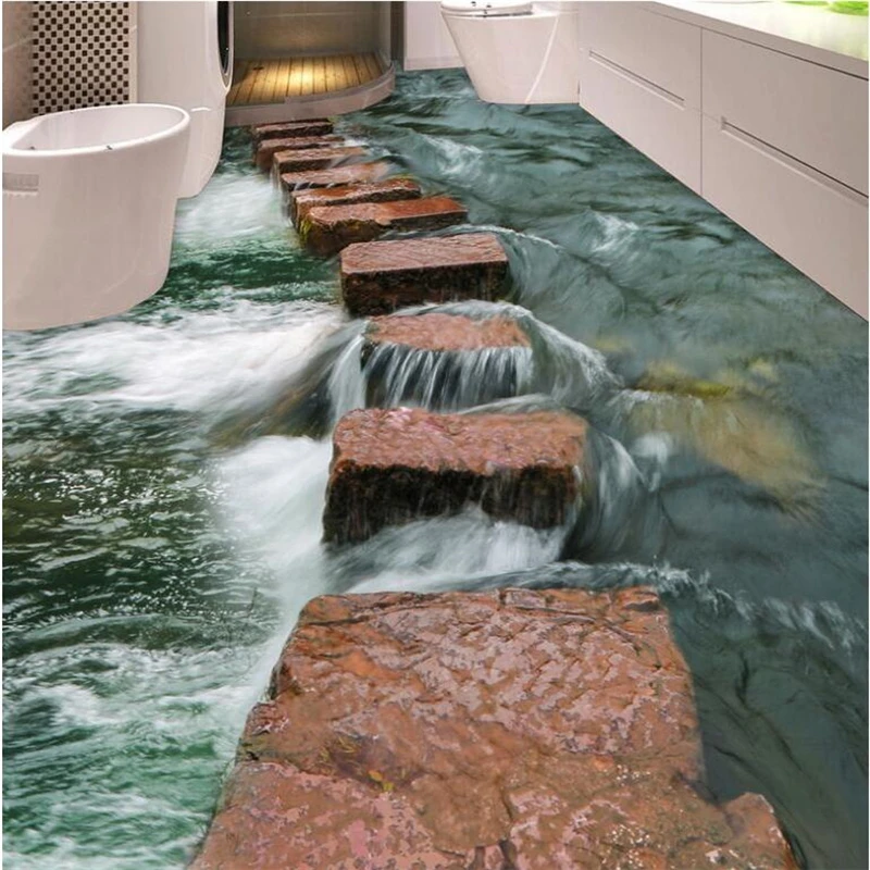 Изработена по поръчка подови живопис 3d бистра река каменна плоча пътека баня спалня 3D подове начало декор хол papel de parede подове