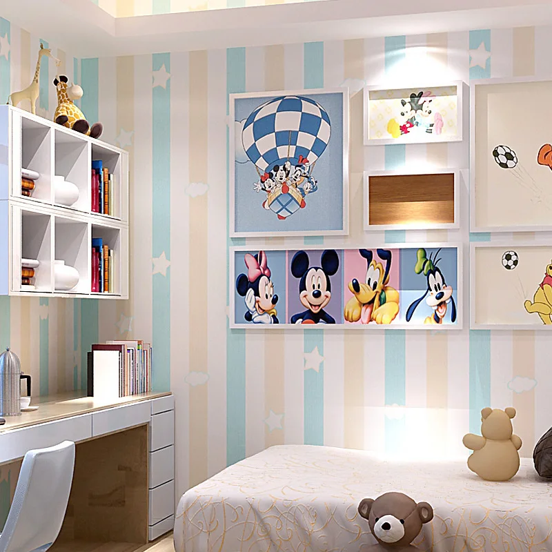 Детска стая Принцеса Стая нетъкан тапет синьо, розово политика на вертикална лента за спалня момче момиче стая карикатура тапети