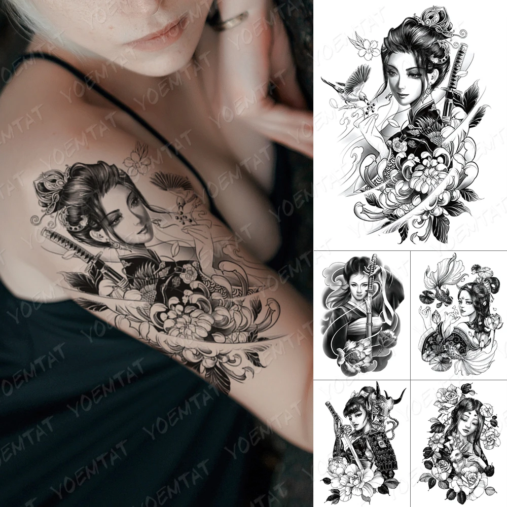 Водоустойчив Временна Татуировка Стикер Красотата Заек Цветя На Божур Флаш Татуировките Японски Скица Боди-Арт Ръка Фалшива Татуировка На Жените И Мъжете Изображение 0 