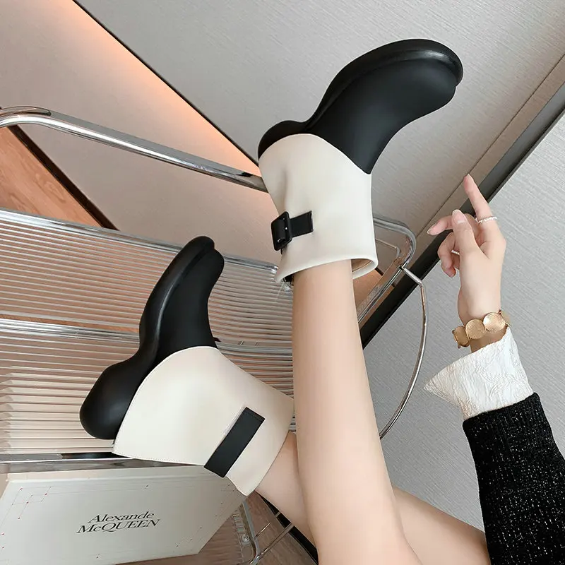 Луксозна марка дамски Обувки от естествена телешка кожа със Странна ходила Бяло, Черно, Контрастен цвят, Слипоны, Стилни ботильоны 