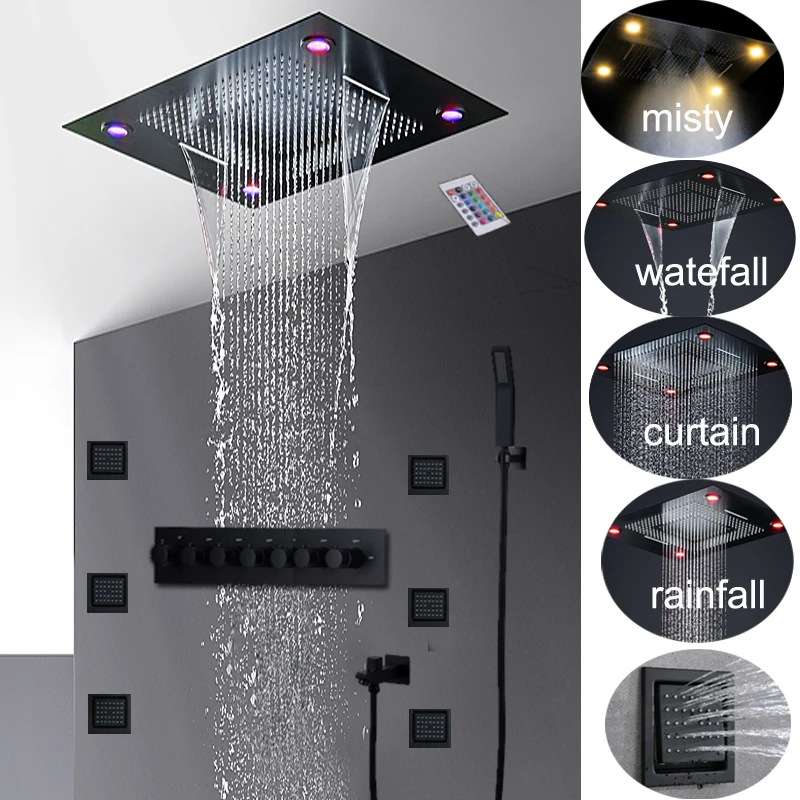 черно душ 600x600 мм смесител за душ комплект Електричество LED вана голям дъжд, мъгла водопад струя на тялото, масаж на 4 инча