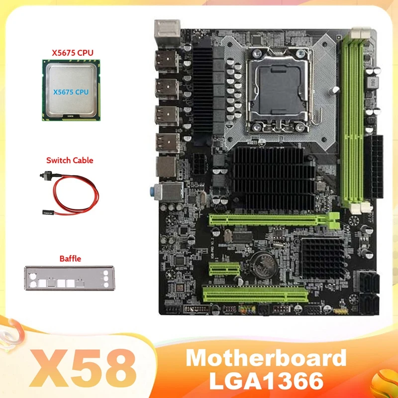 Дънна платка X58 LGA1366 дънна Платка на компютъра Поддържа оперативна памет DDR3 ECC Поддръжка на видео карта RX С процесор X5675 + Кабел превключвател